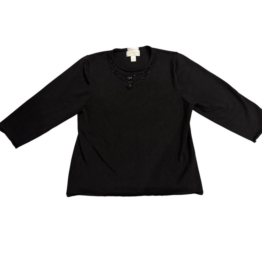 CJ Banks Black Stretch Top 1X Beaded Neckline Long Sleeve